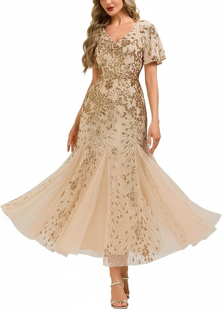 Ever-Pretty Women's Elegant Sequin Formal Evening Dress Mermaid V-Neck Short Sleeves Mother of Br... | Amazon (US)