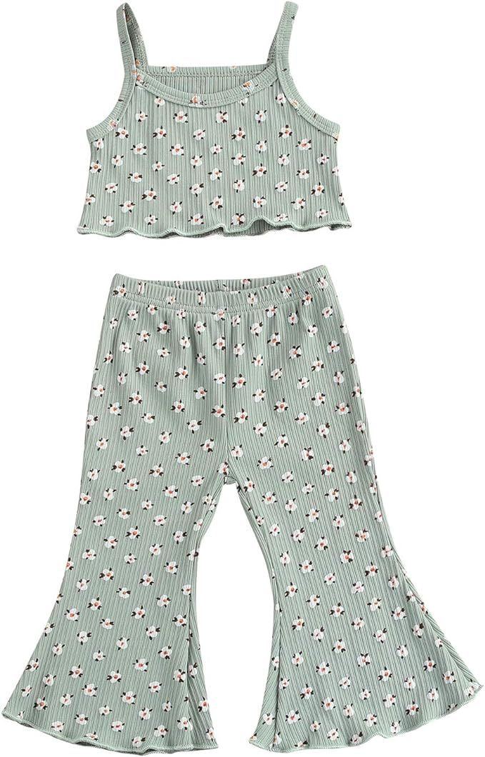 Toddler Baby Girls Sleeveless suspenderT-Shirt Floral Printing Flare Pants Summer Clothes Set | Amazon (US)