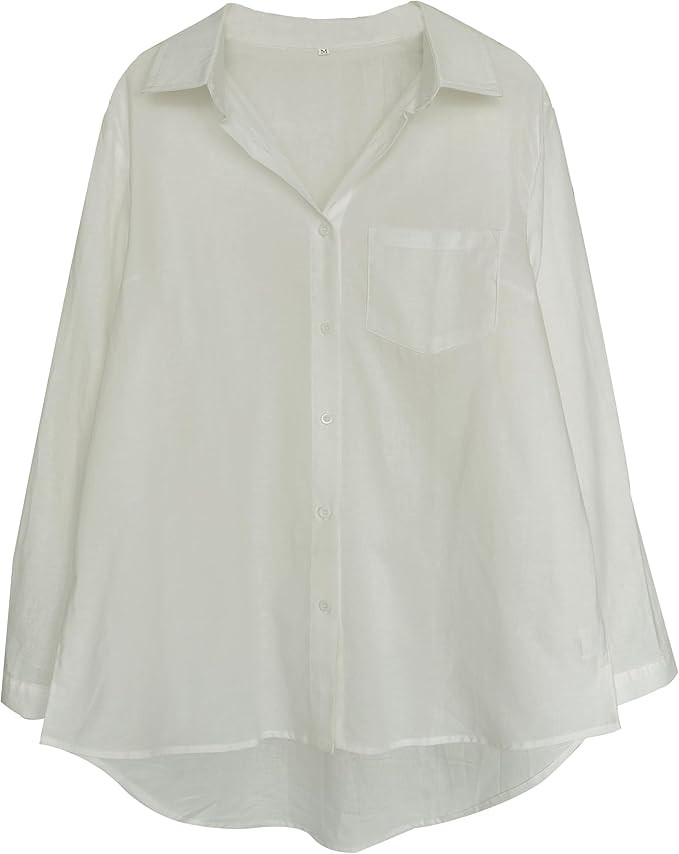 Minibee Women's Linen Blouse High Low Shirt Roll-Up Sleeve Tops | Amazon (US)