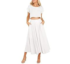 Women's Summer Two Piece Outfits Midi Dress Pleated Crop Top Flowy Flare Skirts Sets Casual Solid... | Amazon (US)