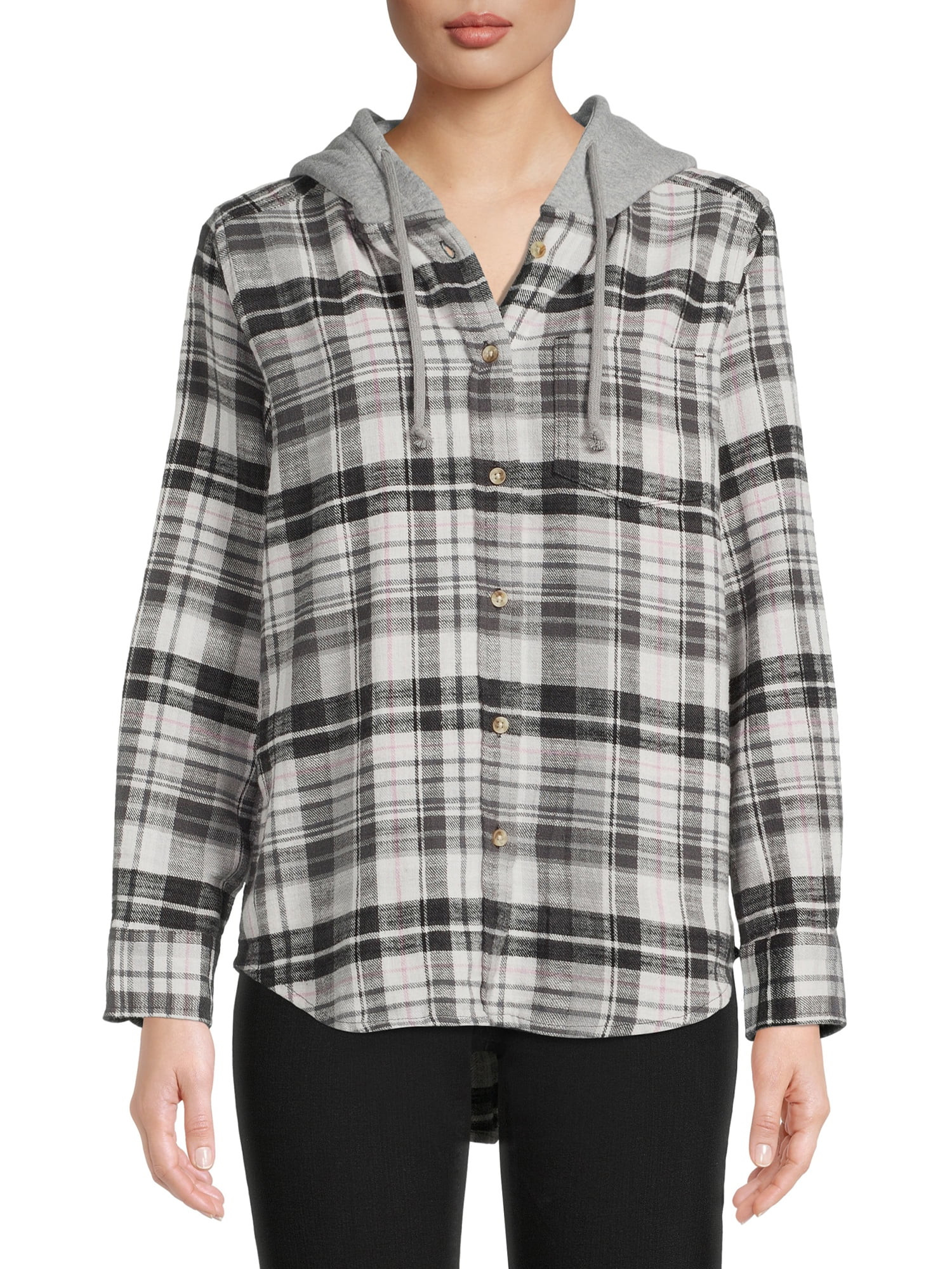 Time And Tru Women's Hooded Flannel - Walmart.com | Walmart (US)