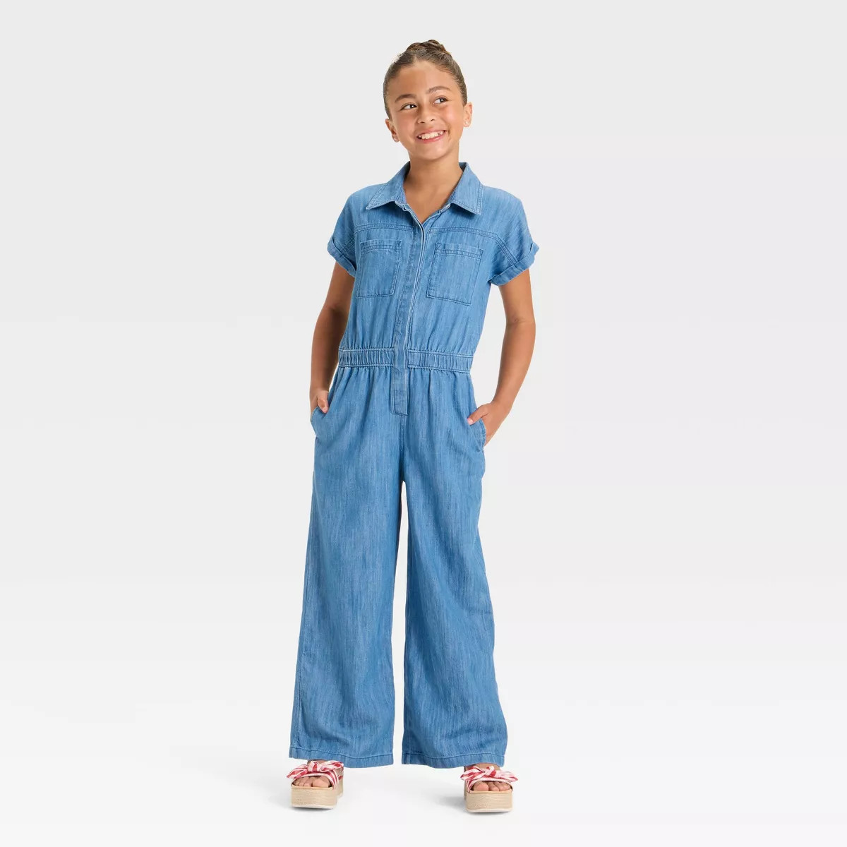 Girls' Short Sleeve Jumpsuit - Cat & Jack™ Blue Denim | Target