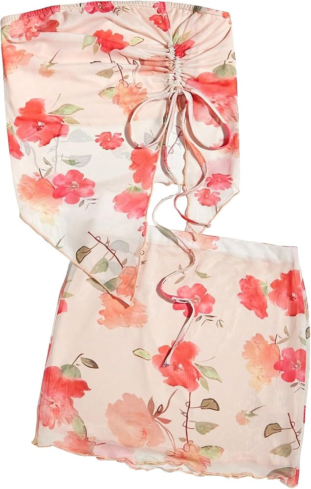 Milumia Women's 2 Piece Outfits Floral Drawstring Crop Tube Top and Mini Skirt Sets | Amazon (US)