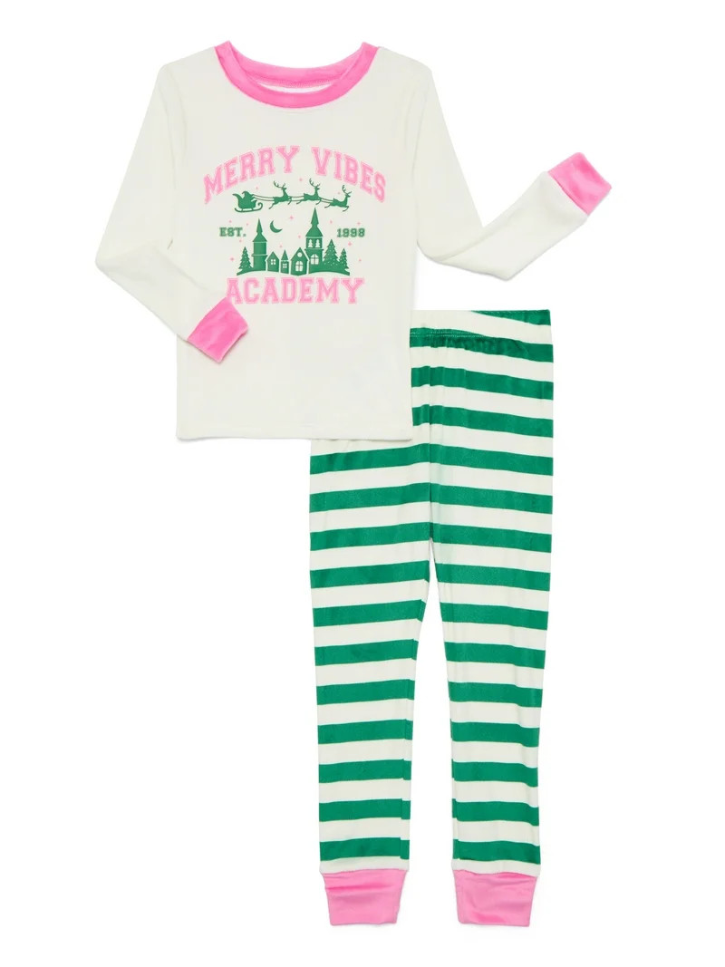 Wonder Nation Girls Christmas Long Sleeve Top and Pants Tight Fit Sleep Set, 2-Piece, Sizes 4-10 | Walmart (US)