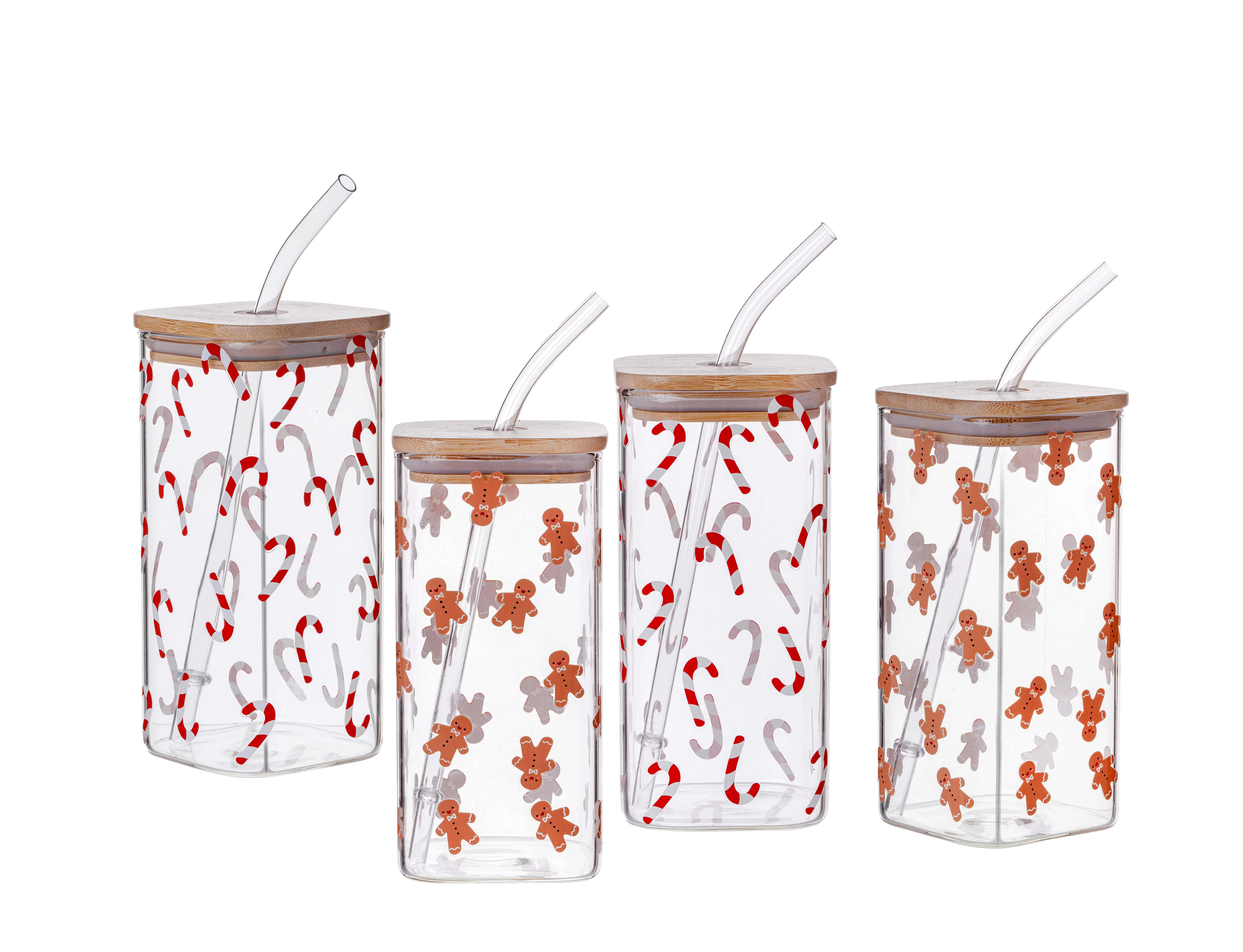 Holiday Time Gingerbread Man and Candy Cane Clear Square Glass Sipper, 4pack | Walmart (US)