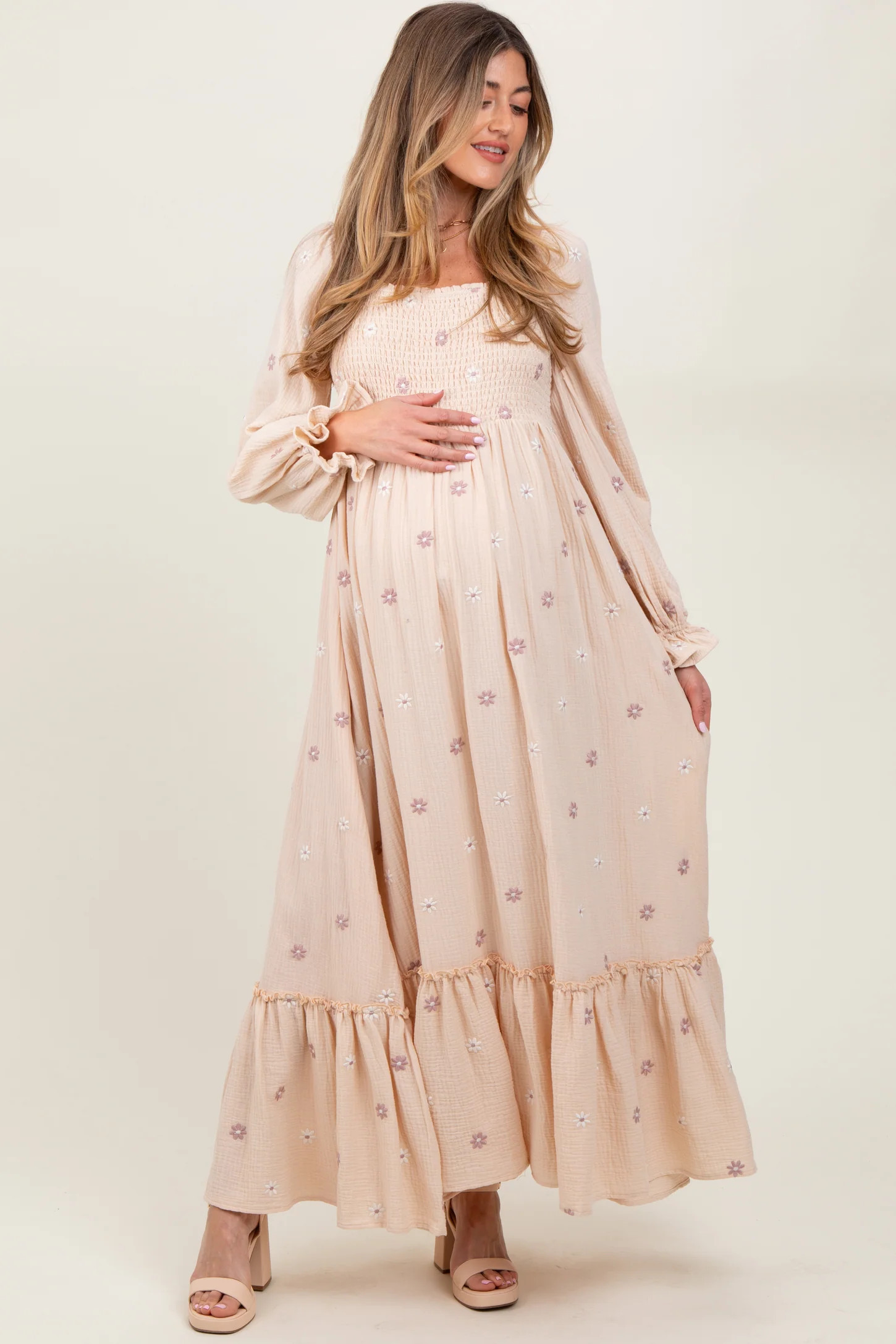 Cream Long Sleeve Floral Accent Maternity Dress | PinkBlush Maternity