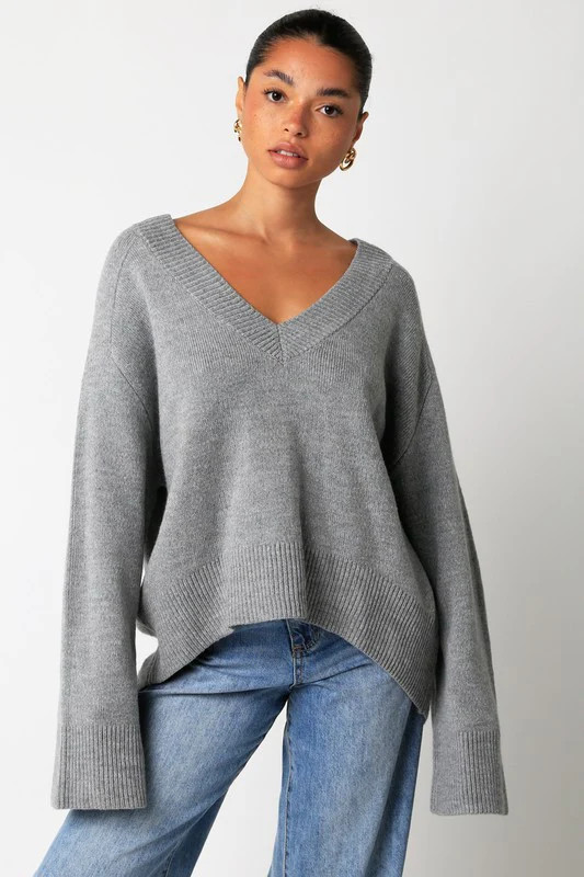 Grey Oversized V-Neck Slouchy Sweater Top | Boho Pink | Boho Pink