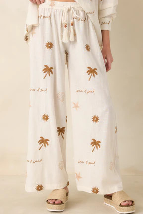 Driftwood Days Light Beige Cotton Coastal Embroidered Wide Leg Pants | Red Dress
