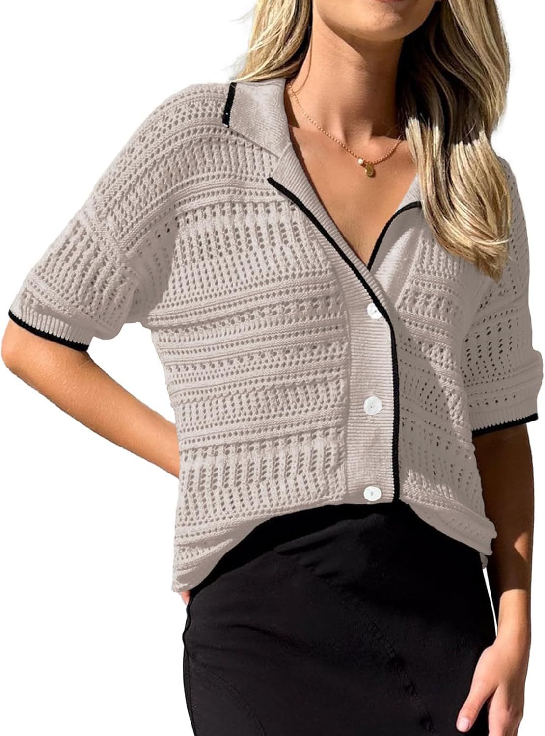 ARTFREE Women's Short Sleeve Cardigan Sweaters Casual Button Down Shirts V Neck Hollow Out Summer... | Amazon (US)