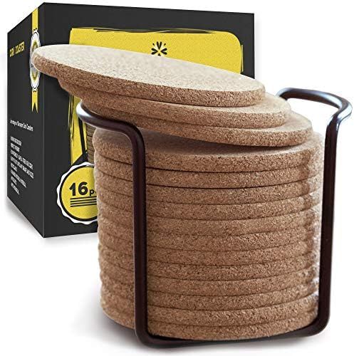 Cork Coasters with Round Edge 4 inches 16pc Set with Metal Holder Storage Caddy – Thick Plain A... | Amazon (US)