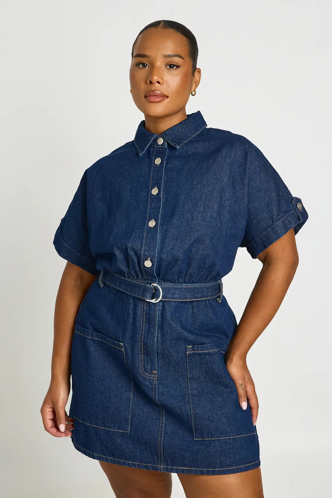 Indigo Plus Denim Utility Belt Shift Dress | Boohoo USA | boohoo (US & Canada)