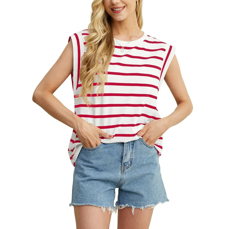 JWD Women's Blouses Cap Sleeve Summer Tops Casual Crew NecK Stripe Women's Tanks & Camis White Re... | Walmart (US)