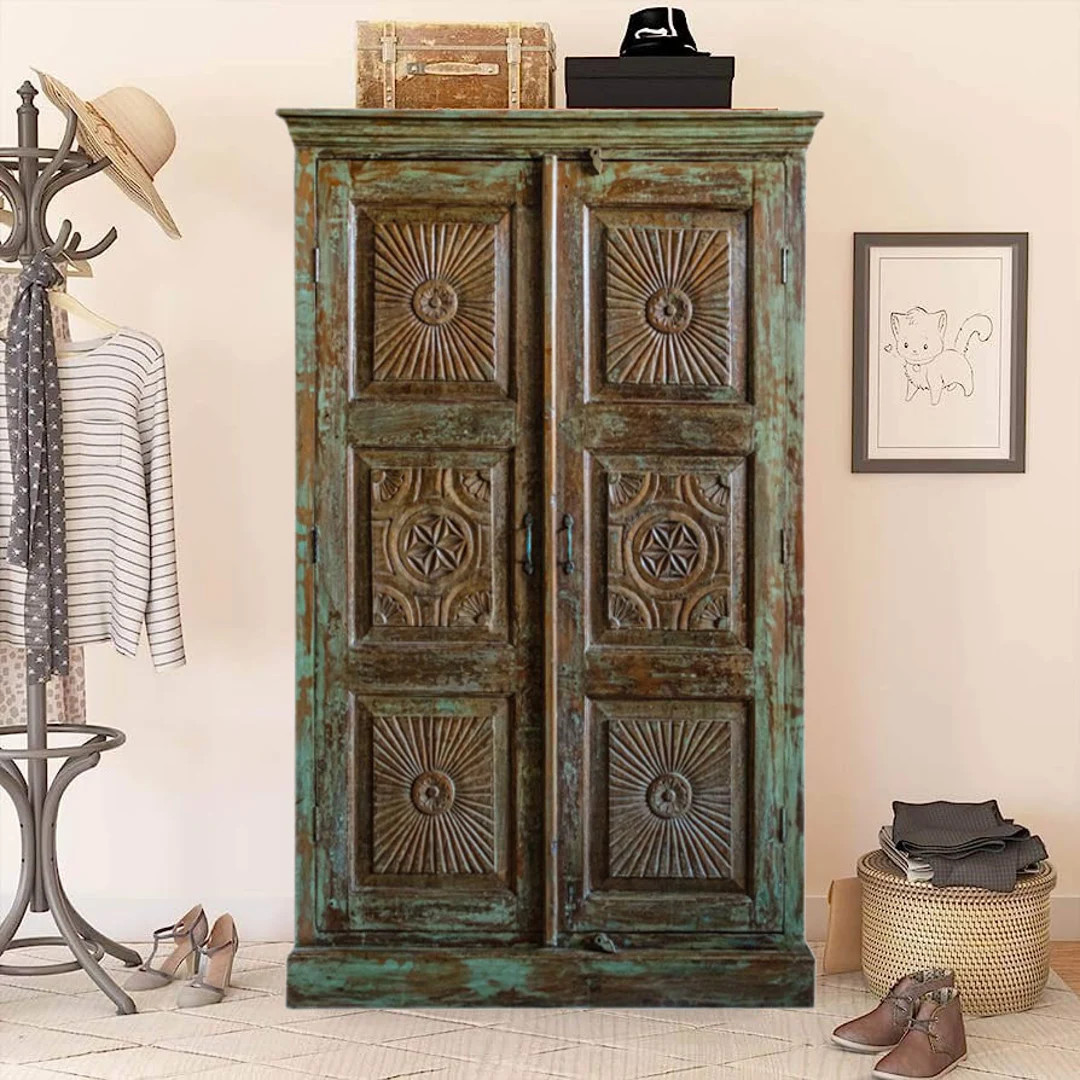 Rustic Wardrobe Vintage Armoire Brass Studs Green Carved - Etsy Canada | Etsy (CAD)