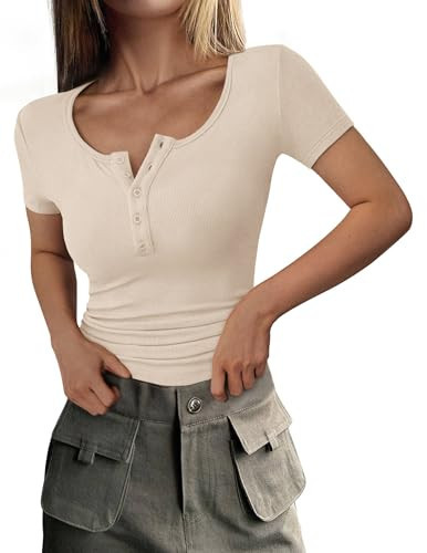 PRETTYGARDEN Women's 2026 Fall Summer Short Sleeve Tops Ribbed Henley Button Slim Fit Basic Casual T Shirts Blouse Clothing (Beige,Medium) | Amazon (US)