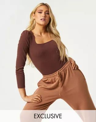 Outrageous Fortune exclusive long sleeve square neck bodysuit in chocolate | ASOS (Global)