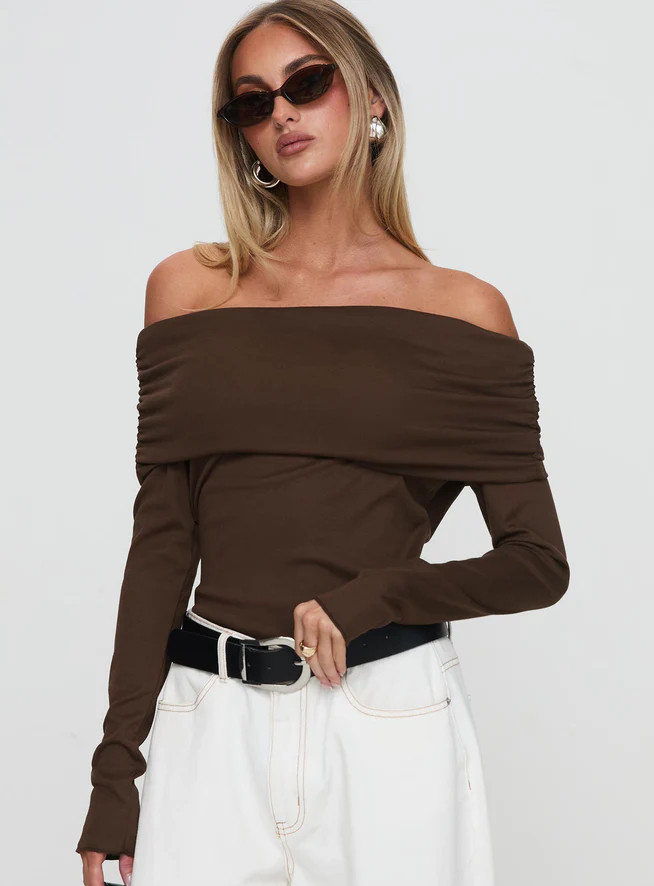 Spoilt Off The Shoulder Bodysuit Brown | Princess Polly US