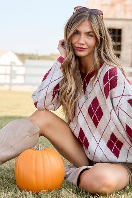 Autumn Classic Argyle Sweater - Burgundy/Tan | Pink Lily