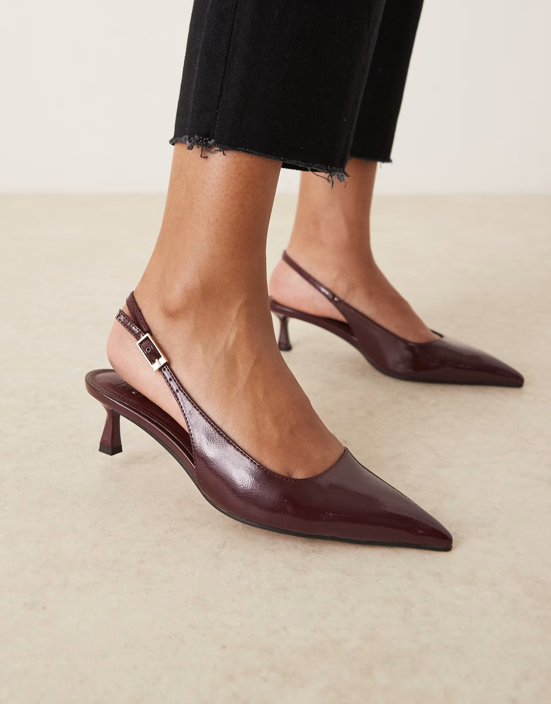 ASOS DESIGN Wide Fit Skip slingback kitten heel shoes in burgundy patent | ASOS (Global)