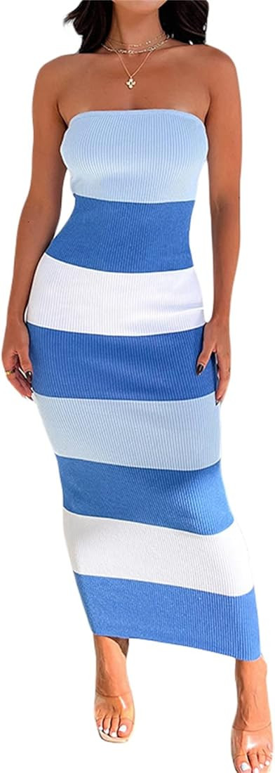 Women Strapless Knitted Maxi Dress Sexy Twisted Front Sleeveless Long Tube Dress Backless Bodycon... | Amazon (US)