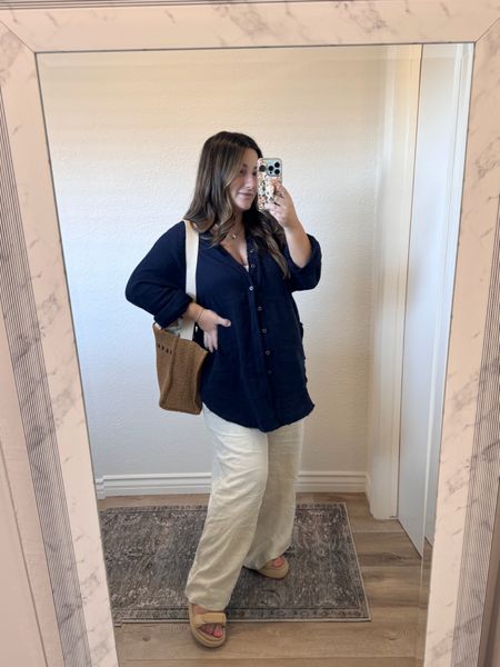 Casual outfit of the day at 35 weeks pregnant! Off to the doctors today 

Button down size xs (runs big- size down)
Linen pants size medium short
Sandals run true to size

#LTKBump #LTKStyleTip #LTKFindsUnder50