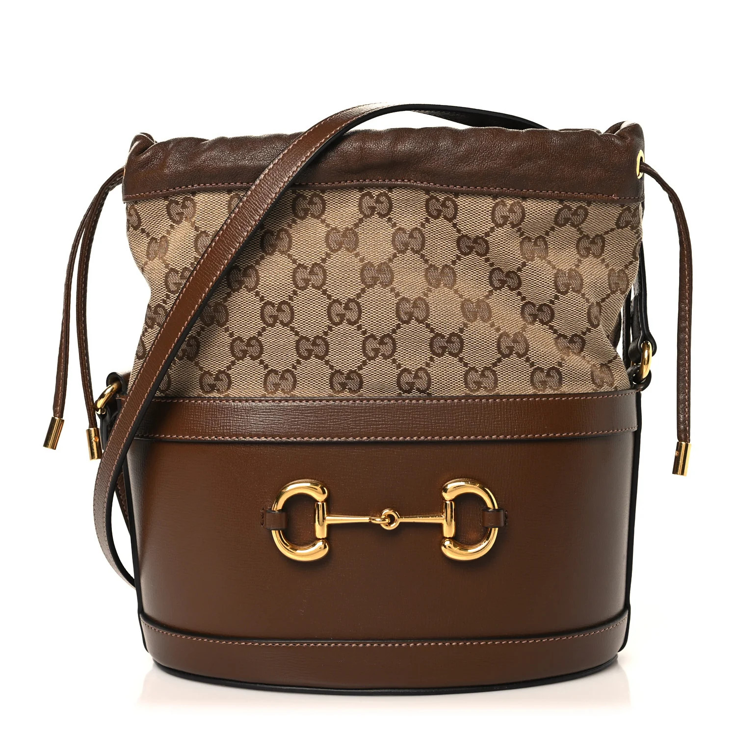 Monogram Textured Calfskin Horsebit 1955 Drawstring Bucket Bag Beige Brown Sugar | FASHIONPHILE (US)