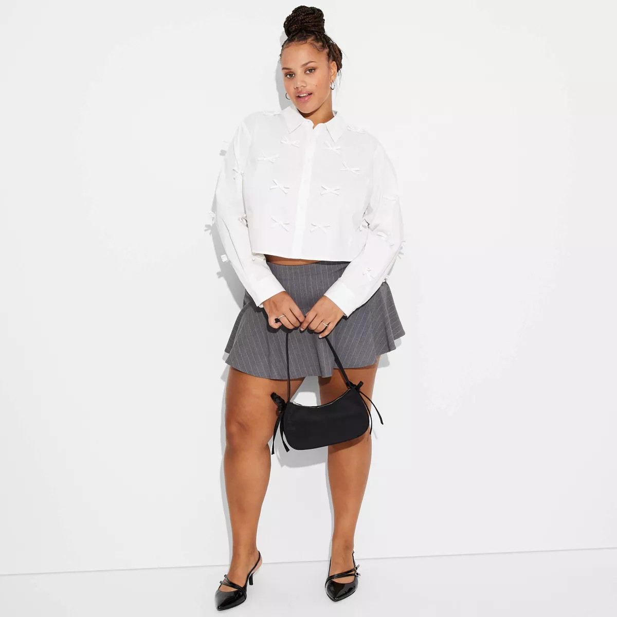 Women's Long Sleeve Cropped Bow Button-Down Shirt - Wild Fable™ | Target