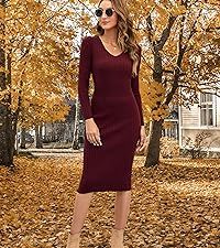 Blooming Jelly Womens Midi Sweater Dress Long Sleeve V Neck Bodycon Fall Dresses 2023 Casual Knee... | Amazon (US)