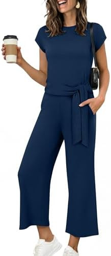 ANRABESS Women 2 Piece Outfits 2026 Summer Lounge Sets Cap Sleeve Tie Waisted Top Wide Leg Pant A... | Amazon (US)