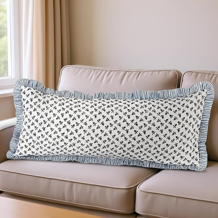 Ridhi Block Print Baby Blossom 36"x14" Set 1-100% Cotton Ruffle Lumbar Sham Cover Boho Floral Pil... | Amazon (US)