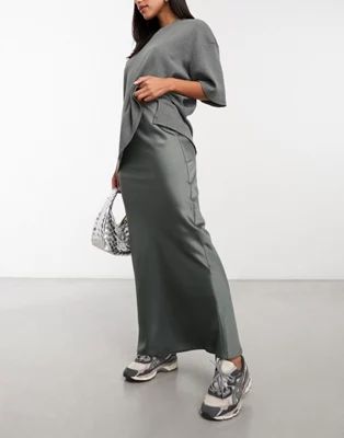 ASOS DESIGN satin bias maxi skirt in gunmetal gray | ASOS (Global)