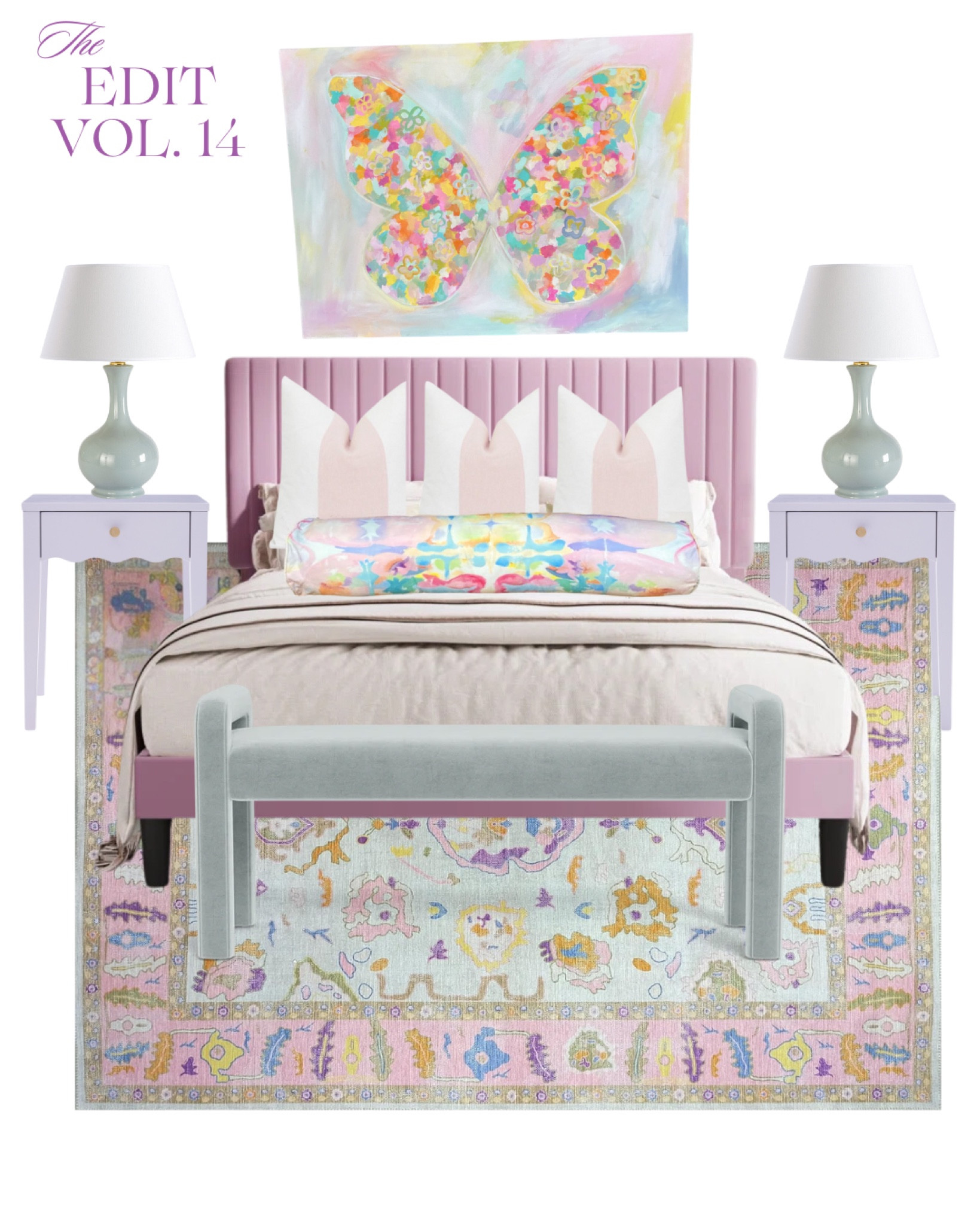 💕The Edit Vol. 14 is focused on my FAVORITE trending color… LAVENDER!! This headboard is so stunning paired with our New Best Seller “Good Things are Coming” canvas print above the bed and “Kaleidoscope” Bolster Pillow!🦋 The lamps are absolutely gorgeous and you won’t believe how affordable this fabulous modern oushak style rug is!!
⭐️For these EXACT links visit Mkdeckerdesigns LTK page (link in bio) and artwork and bolster pillow can be ordered from mkdeckerdesigns.com (recommended 36x48 or 30x40 canvas above queen beds!) 
✅Be sure to SAVE this post for future inspiration & follow for more room decor inspiration!!