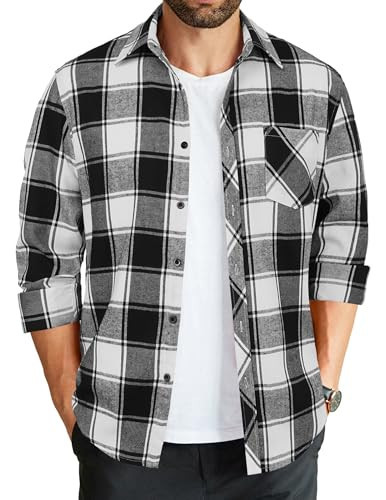 COOFANDY Men's Plaid Button Down Shirts Long Sleeve Cotton Shirt Casual Shacket Jacket Black | Amazon (US)