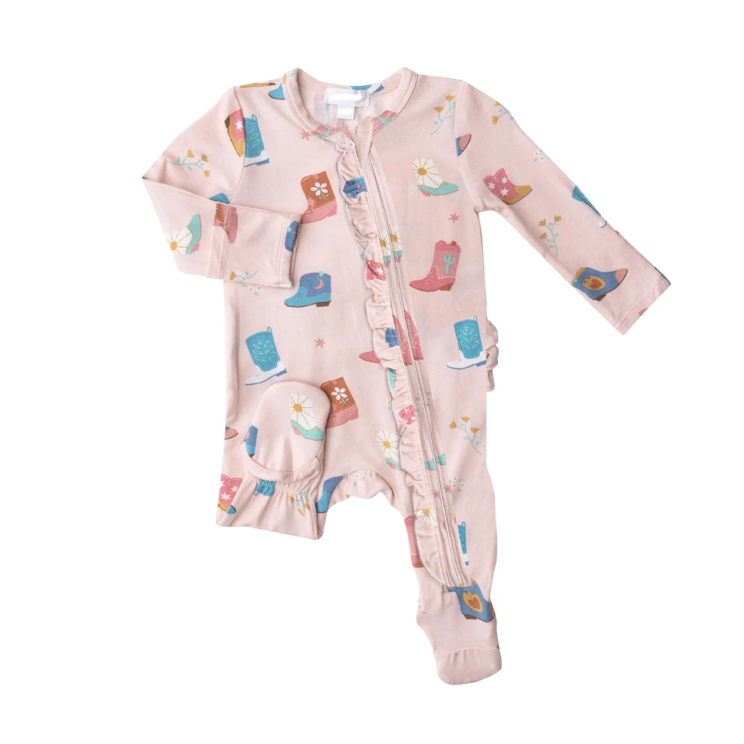 Ruffle Zip Footie, Cowboy Boots Pink | SpearmintLOVE