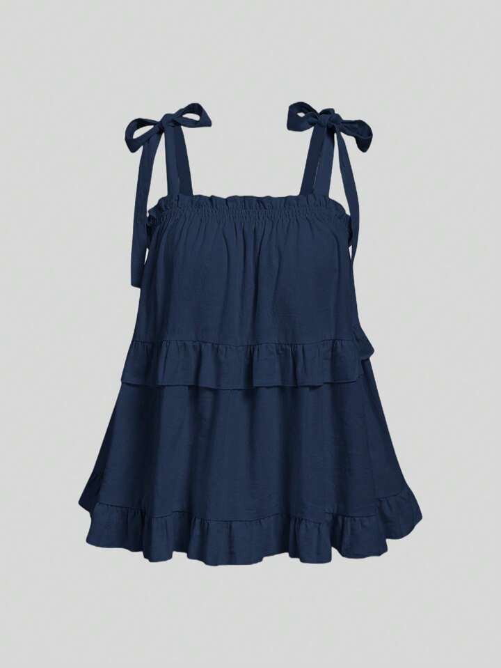 SHEIN MOD Plus Size Beige Retro Romantic Women's Shoulder Strap Spaghetti Strap Loose Layered Ruffle Edge Top, Spring And Summer Spaghetti Strap, Casual Daily Wear, Korean Fashion, Date Wear, Cute And Sweet, Casual,Going Out Tops Women | SHEIN