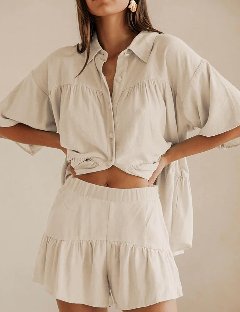 Qiaomai Womens 2 Piece Outfits Summer Ruffled Shirt and High Waist Shorts Matching Set | Amazon (US)