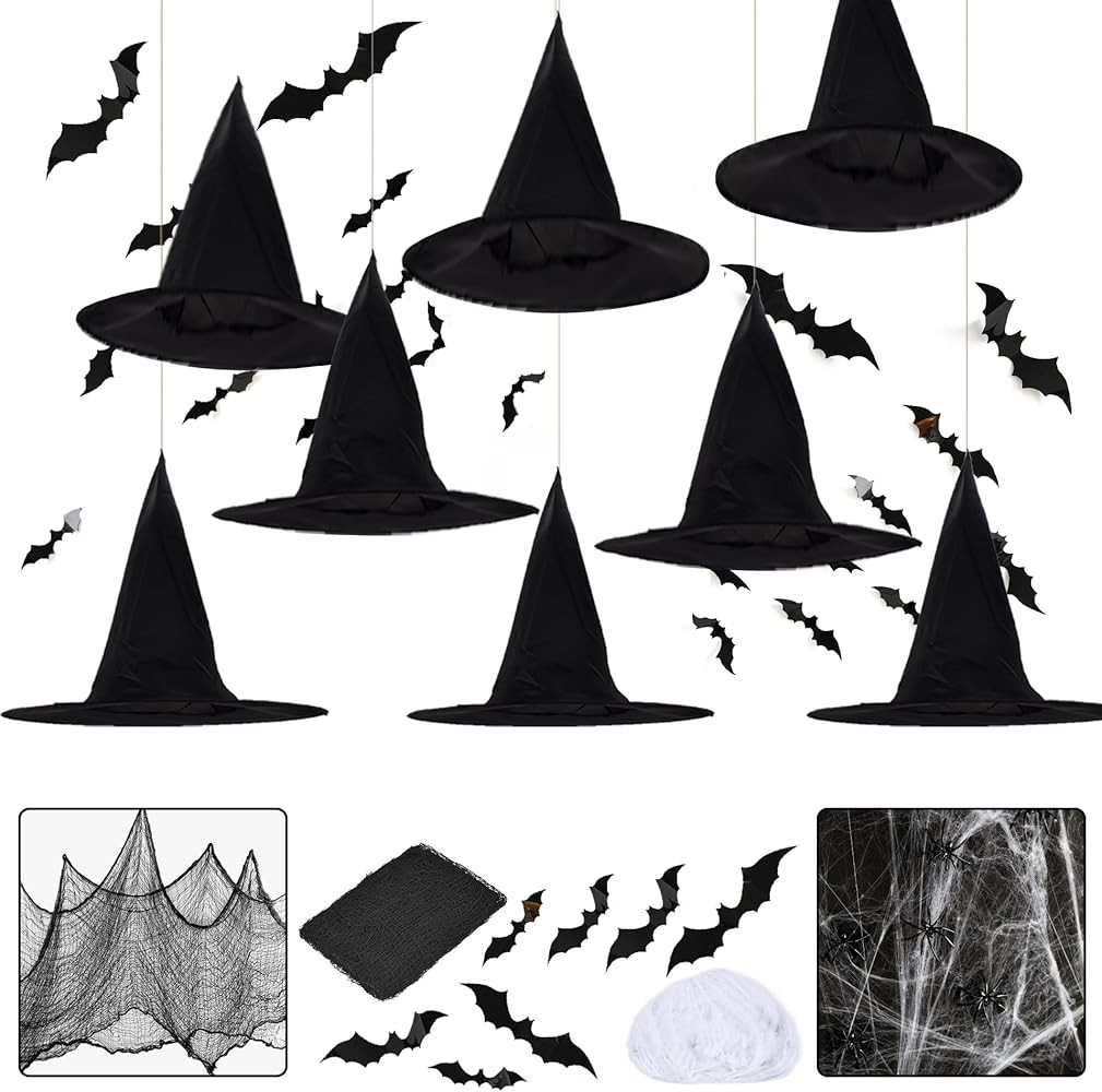 LINAYE Halloween Witches Hat XL Kit - 8 PCS Black Witch Hats with Hanging Rope,16 PCS 3D Bat,Spid... | Amazon (US)