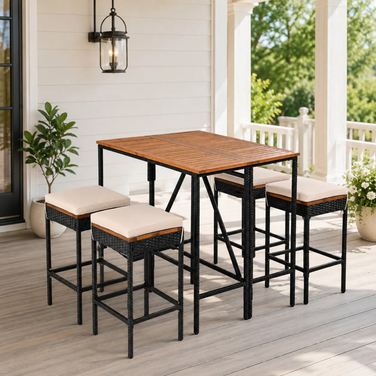 4-Person Outdoor Acacia Wood Bar Patio Dinning Set with Cushioned Stools (Set of 5) | Wayfair North America