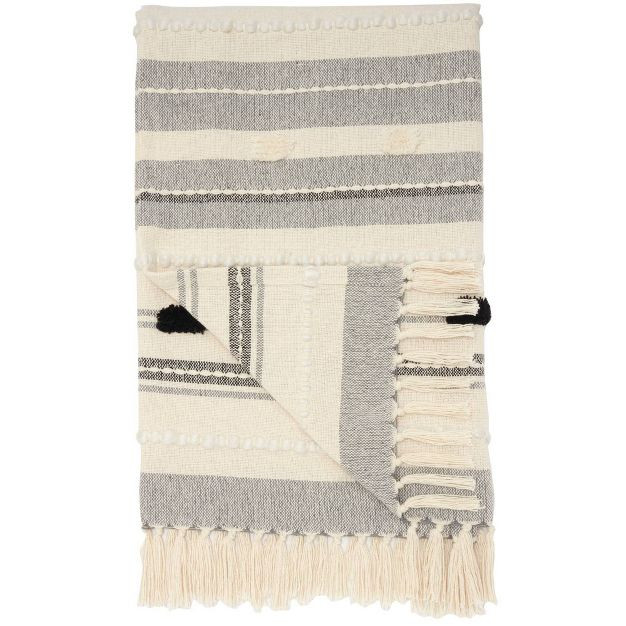 50"x60" Ribbed with Pom-Pom Throw Blanket Black/Ivory - Mina Victory | Target