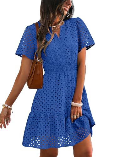 RUMIA Summer Dresses for Women 2026 V Neck Eyelet A Line Beach Dress Royal Blue Medium | Amazon (US)