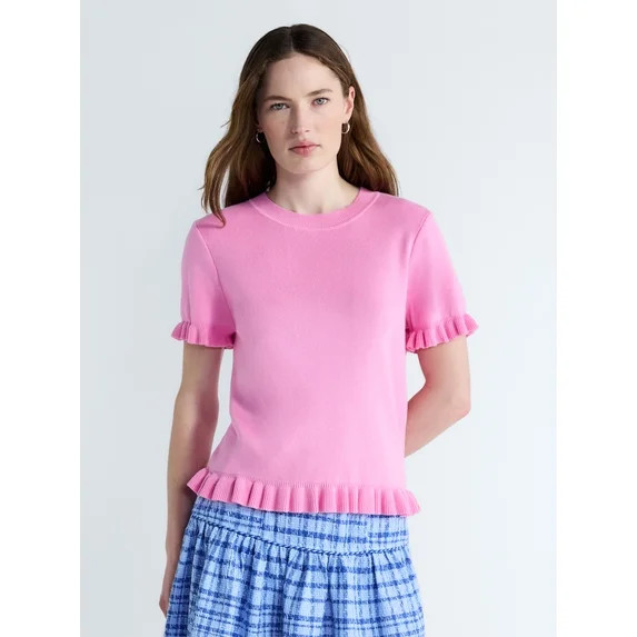 Free Assembly Women’s Ruffle Trim Sweater with Short Sleeves, Lightweight, Sizes XS-XXL | Walmart (US)