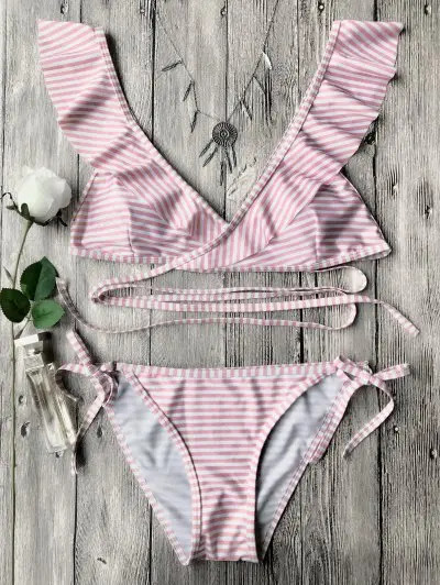 Striped Ruffle Strap Wrap String Bikini Set | ZAFUL (Global)