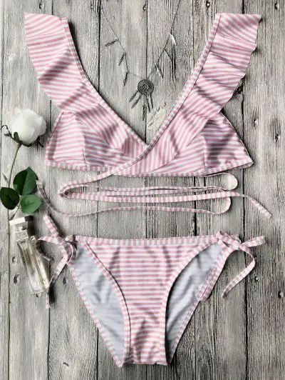 Striped Ruffle Strap Wrap String Bikini Set | ZAFUL (Global)