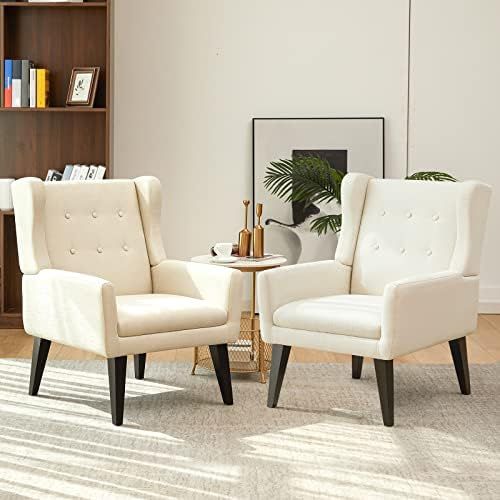 WACASA Button Tufted Linen Fabric Accent Wingback Chair Set of 2, Upholstered Mid Century Modern ... | Amazon (US)