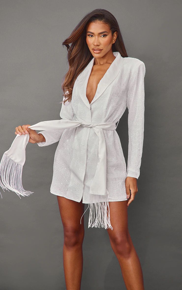 White Sequin Tassel Tie Detail Blazer Dress | PrettyLittleThing US