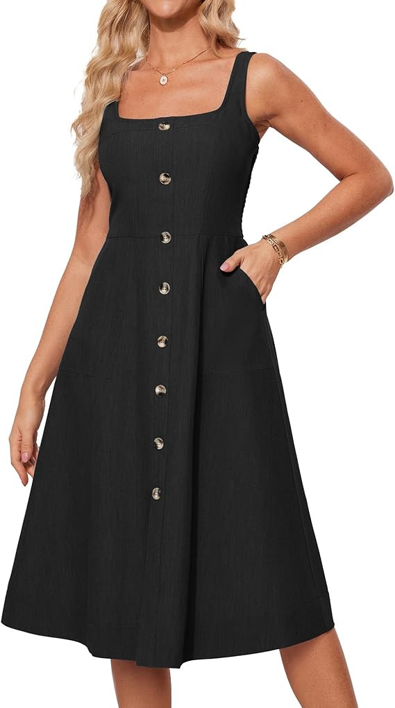 GRACE KARIN Women's Summer Dress 2025 Casual Square Neck Flattering A-Line Button Down Midi Tank ... | Amazon (US)