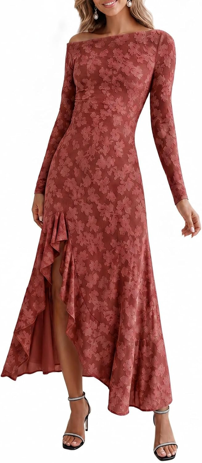 Wenrine Women Long Sleeve Maxi Dress Fall Off Shoulder Cocktail Party Dress | Amazon (US)
