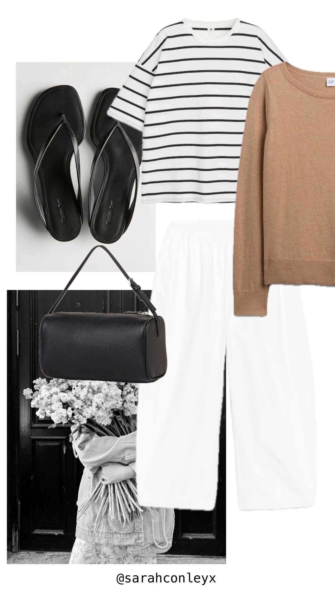 Summer outfit 
Spring outfit 
Whit barrel leg trousers 
White cotton trousers
Black leather flip flops 
Black min handbag 
Brown boar neck jumper
Stripe oversized top
Stripe t-shirt 
Airport outfits 
City break outfit

#LTKootd #LTKgrwm #LTKWorkwear