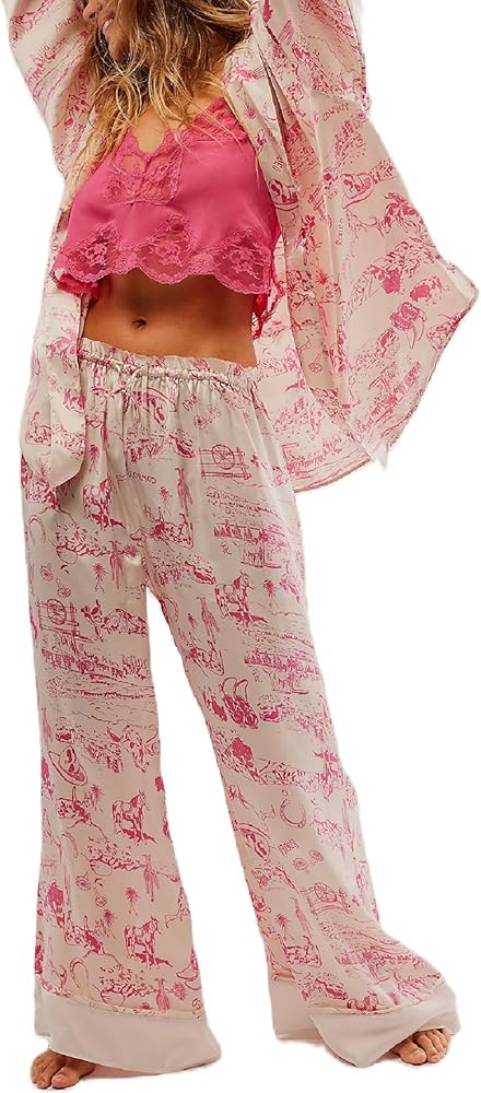 2 Piece Satin Pajama Set Women Long Sleeve Button Down Shirt Wide Leg Pants Lounge Set Floral Sil... | Amazon (US)
