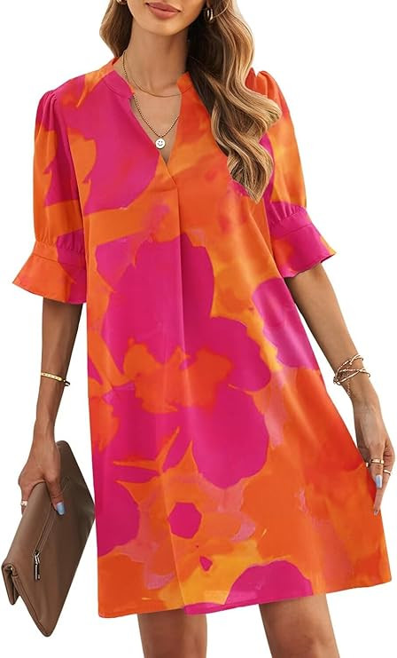 JOCAFIYE Womens Dresses V-Neck Ruffled Short Sleeve Dress Casual Shift Dress Summer Dresses for W... | Amazon (US)