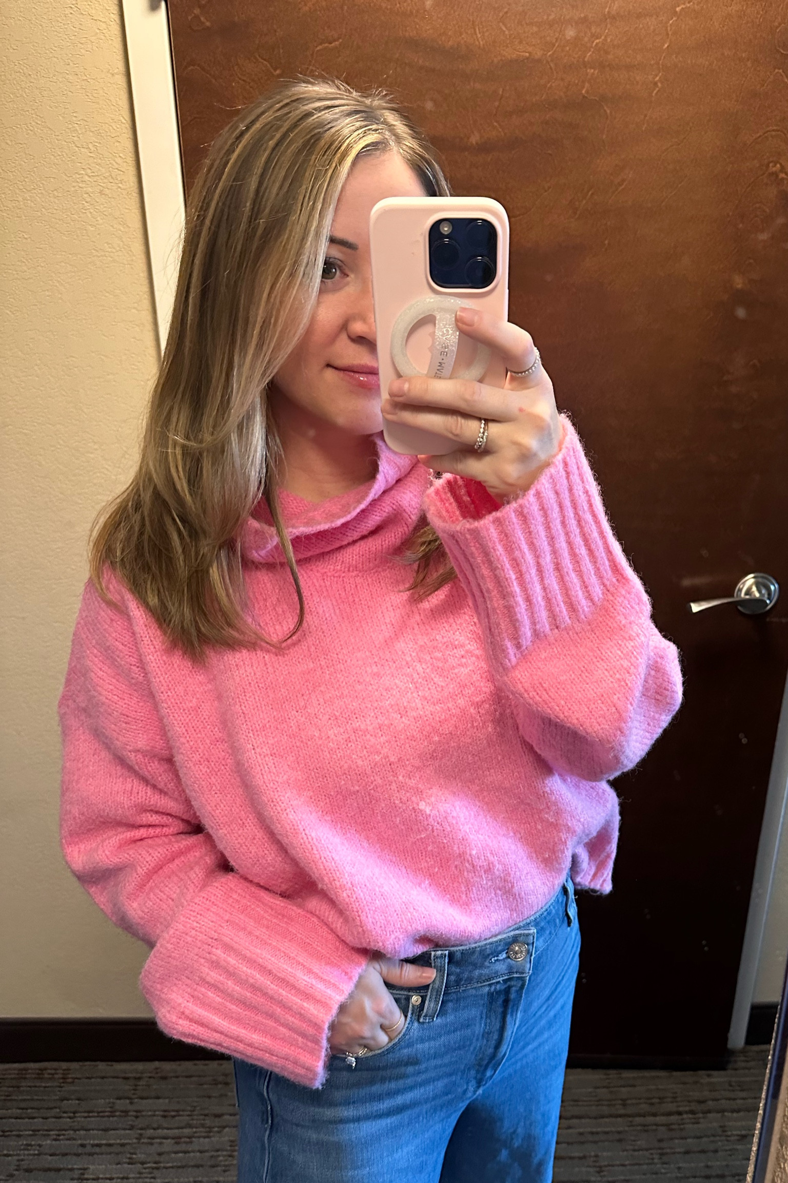 My favorite sweater comes in multiple colors 🙌🏻 perfect in pink but I’m tempted to get a couple more colors for my closet. Fits TTS! My denim is by #paige and I got petite and length is perfect on me.